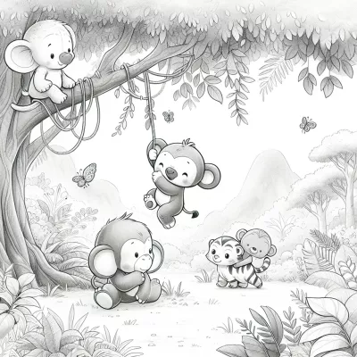 Página para Colorear Imprimible de Aventura en la Jungla con Animales Jugando