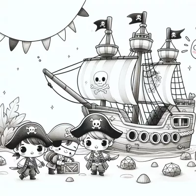 Раскраска для печати: Пиратский корабль с пиратами в поисках сокровищ