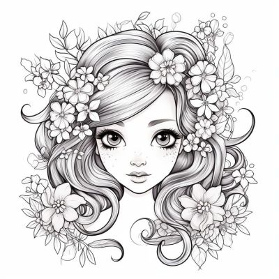 Page de coloriage imprimable d’une fille avec des fleurs dans les cheveux
