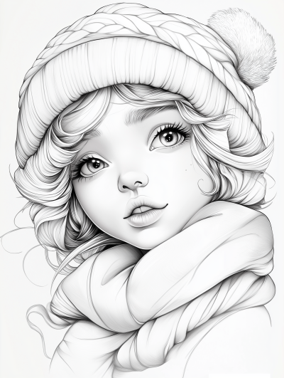 Page de coloriage imprimable d’une adorable petite fille avec un bonnet d’hiver et une écharpe