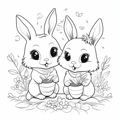 Çiçek Saksıları Tutan 2 Tavşan * Boyama Sayfası