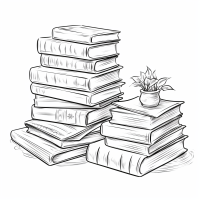 Page de coloriage imprimable d’une pile de livres et d’une fleur en pot