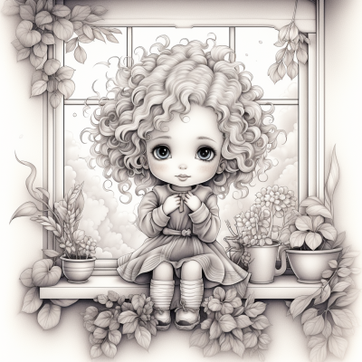 Page à colorier imprimable d’une fille assise sur le rebord d’une fenêtre