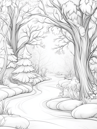 Página para colorear de un bosque invernal