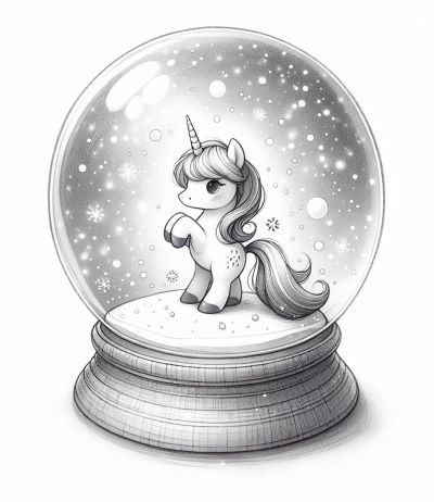 Page à colorier imprimable de boule à neige magique avec poney