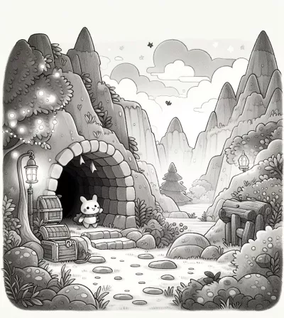 Картинка за принтиране и оцветяване на мистериозна пещера и съкровище в планината