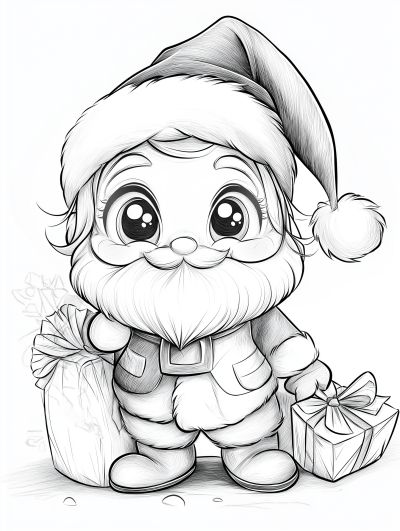 Página para colorear de un dulce Papá Noel con regalos