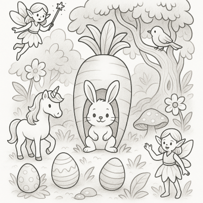 Page de coloriage imprimable d’un lapin de Pâques dans un pays féerique