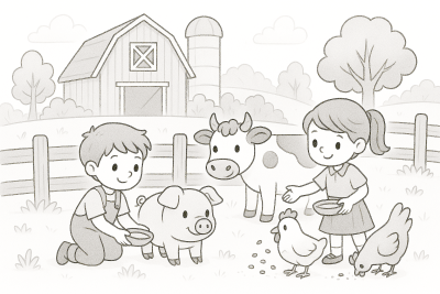 Çiftlikte Hayvanları Besleyen Çocuklar * Yazdırılabilir Boyama Sayfası