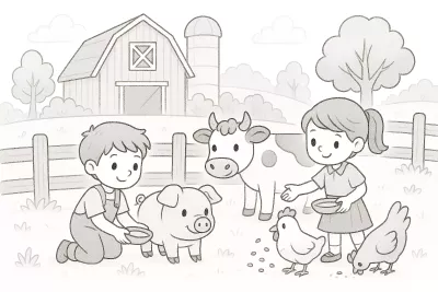 Деца хранят животните във фермата * Картинка за принтиране и оцветяване