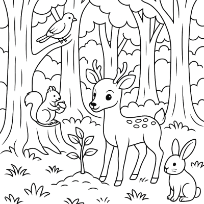 Página para Colorear Imprimible de Amigos del Bosque para el Día del Árbol