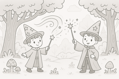 Page de coloriage à imprimer de la forêt magique avec des sorciers lançant des sorts