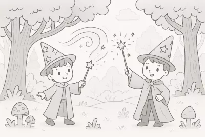 Магическа гора с магьосници, правещи магии * Картинка за принтиране и оцветяване