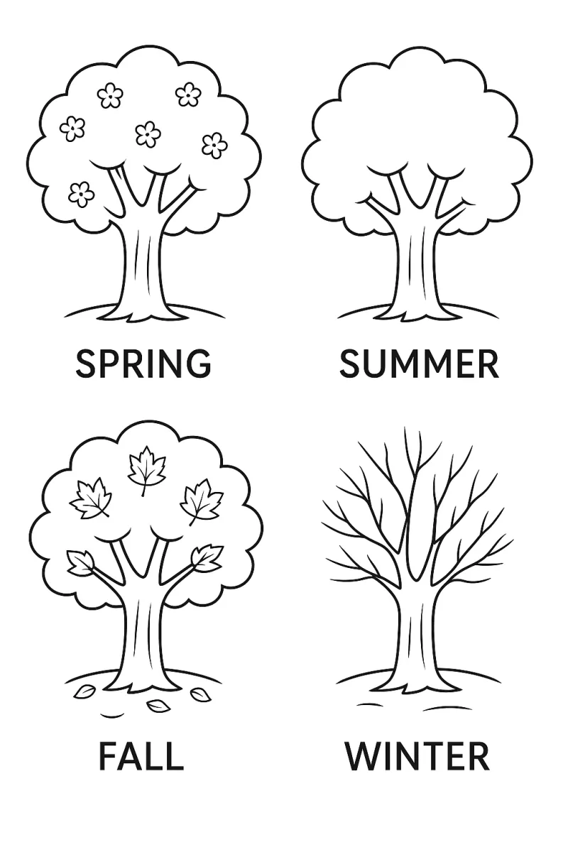 Dibujo en blanco y negro que muestra el mismo árbol durante la primavera, el verano, el otoño y el invierno, con flores en primavera, follaje denso en verano, hojas cayendo en otoño y ramas desnudas en invierno. Ideal para la educación sobre las estaciones y la naturaleza. 