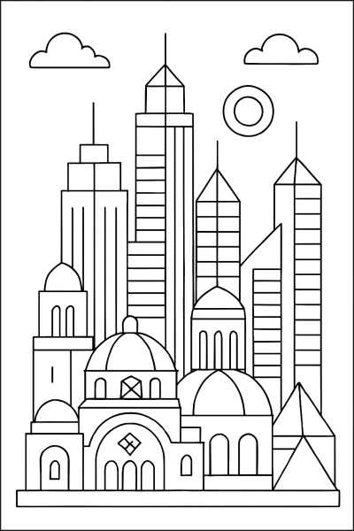 Page à colorier : Skyline géométrique futuriste – Ville imprimable pour tous âges