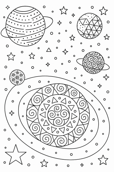 Page de coloriage Planètes à motifs – Voyagez à travers une galaxie géométrique