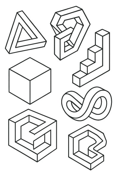 Page à colorier de formes impossibles – Illusions 3D & Géométrie déconcertante