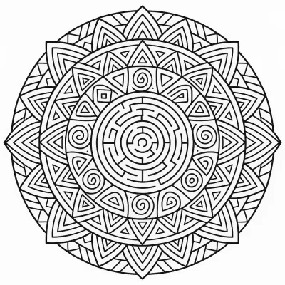 Страница за оцветяване на мандала лабиринт – Геометрично предизвикателство и релаксация в едно