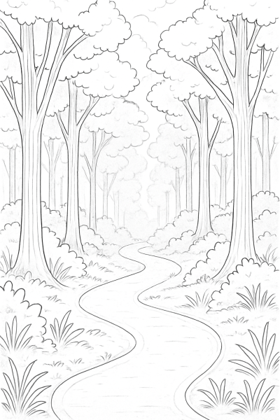 Sentier de Forêt Serein – Page à Colorier Imprimable pour Soulager l’Anxiété et se Détendre