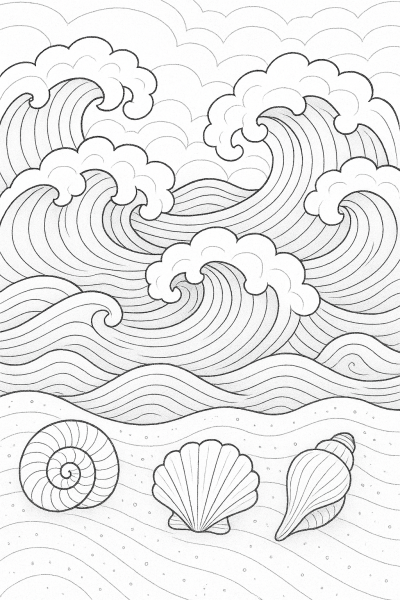 Vagues Océaniques Paisibles & Coquillages – Page de Coloriage Imprimable pour Soulager le Stress