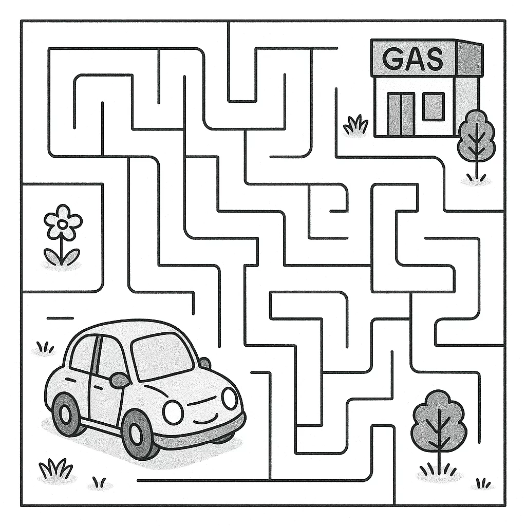 Labirinto con auto animata e stazione di servizio