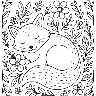 Renard Endormi dans un Pré Fleuri – Page à Colorier Imprimable pour Calme & Concentration