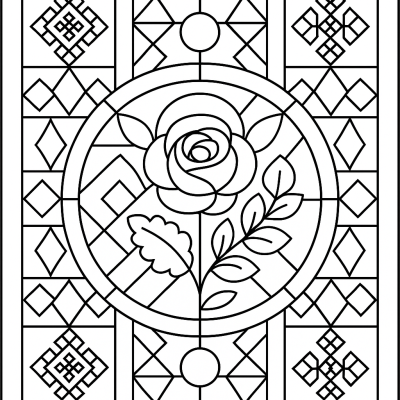 Page à colorier Vitrail de Rose – Géométrie florale pour esprits créatifs
