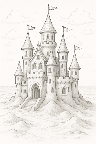 Dibujo para colorear de un castillo de arena – escena mágica de verano