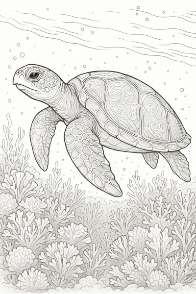 Страница за оцветяване: Приказна морска костенурка над коралов риф