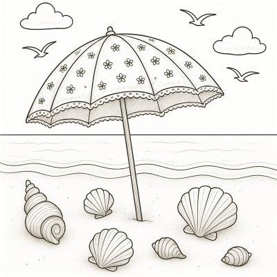 Página detallada para colorear: hermosa sombrilla de playa con conchas y pájaros
