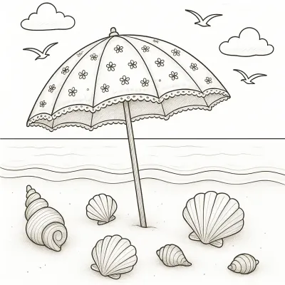 Детайлна страница за оцветяване – красив плажен чадър с миди и птици