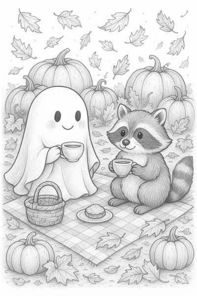 Friends on a Picnic Among Pumpkins * Ghost and Raccoon Drinking Tea – Printable and Coloring Drawing