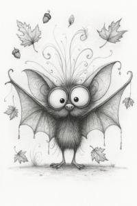 Bat drawing among autumn leaves for coloring