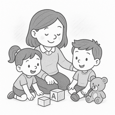 Учителка играе с деца – рисунка за принтиране и оцветяване