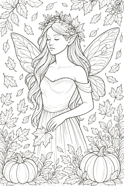 Картинка за оцветяване на есенна фея сред падащи листа