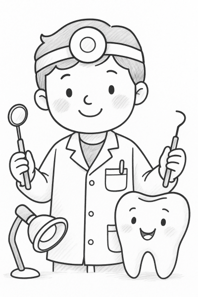 Забавна рисунка с усмихнат зъболекар и щастлив зъб за принтиране и оцветяване