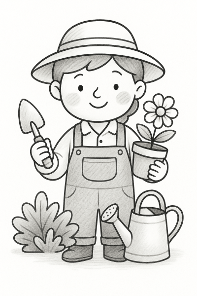 Градинар с цъфтящо цвете – рисунка за принтиране и оцветяване