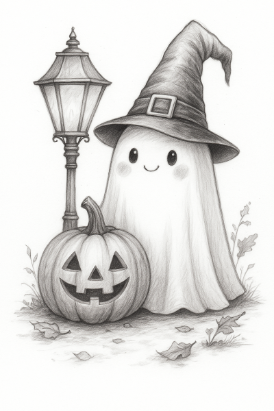 Drawing of a Ghost and Pumpkin Lantern for Halloween – Printable and Coloring Drawing
