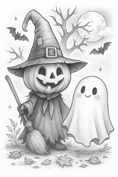 Drawing of a Scarecrow with a Pumpkin Head and Ghost for Halloween to Print and Color