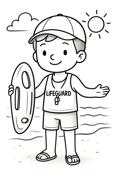 Детска рисунка на спасител на плажа за принтиране и оцветяване