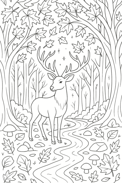 Картинка за оцветяване на магическа есенна гора с елен