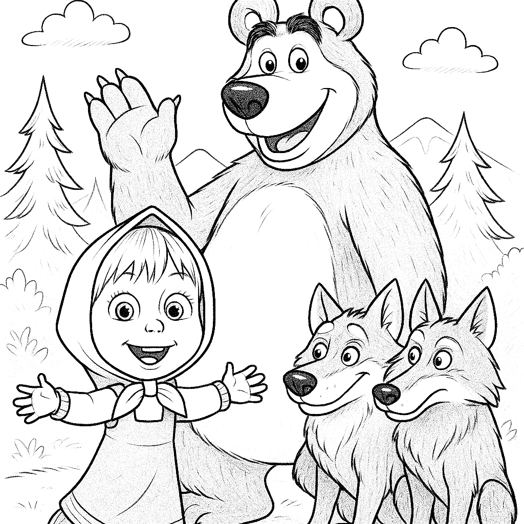 Рисунка на Маша и Мечока с вълците за оцветяване