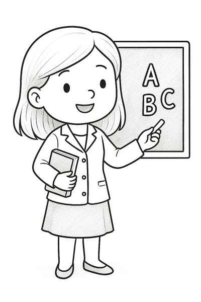 Учителка с дъска и букви – рисунка за принтиране и оцветяване