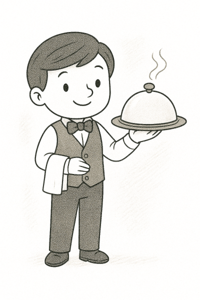 Усмихнат сервитьор с поднос – картинка за принтиране и оцветяване