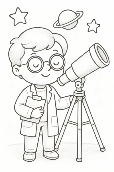 Млад астроном и телескоп – картинка за принтиране и оцветяване