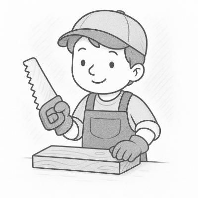 Млад дърводелец с трион и дървена дъска – рисунка за принтиране и оцветяване