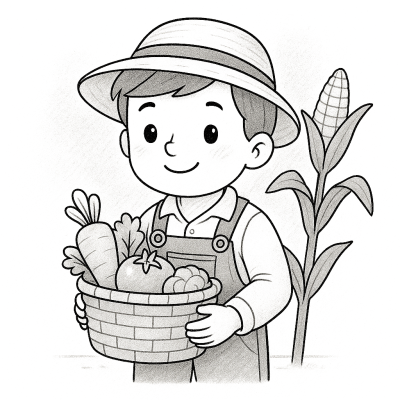 Млад фермер със зеленчуци – рисунка за принтиране и оцветяване