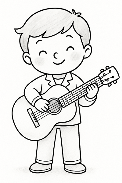 Млад китарист свири на китара – картинка за принтиране и оцветяване