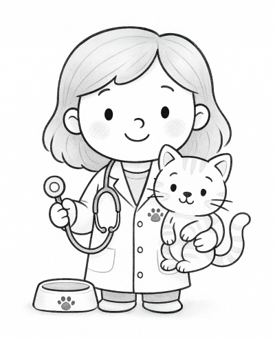 Ветеринар със сладко котенце – рисунка за принтиране и оцветяване