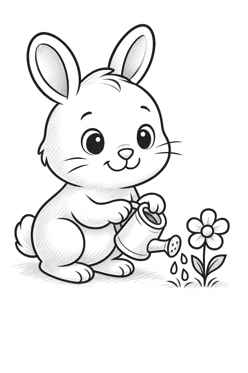 Зайчонок поливает цветок картинка для раскрашивания